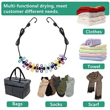 Retractable Travel Clothesline, Portable Clothesline (Including 2 Compressible Towels) 12 clothespins, Suitable for Indoor and Outdoor, Balcony, Outdoor Camping use Multicolor