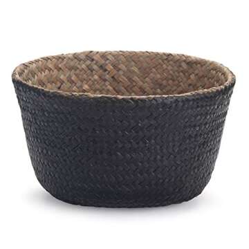Seagrass Storage Basket, Natural Woven Storage Basket (Black 7 inch D x 8 inch H)