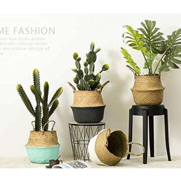 Seagrass Storage Basket, Natural Woven Storage Basket (Black 7 inch D x 8 inch H)