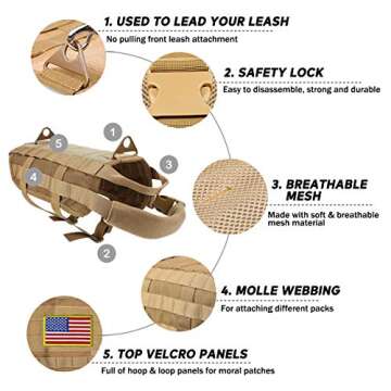 EJG Tactical Dog Harness Vest, with Molle System & self Fasteners Area, No Pulling Design, Comfy Mesh Padding, for Service Dogs, Military Training Hunting Hiking, for Medium Large Dogs (X, Brown)