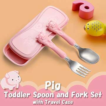 Toddler Utensils Kids Spoon and Fork Set 18/8 Stainless Steel Silverware BPA Free Cute Pig Child Fla...