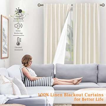 LAMIT Linen Full Blackout Window Curtains for Bedroom, 54 Inches Thermal Farmhouse Curtains Back Tab and Rod Pocket Privacy Protected Burlap Panels with White Liner, 2 Panels, 52 x 54 Inch, Ivory