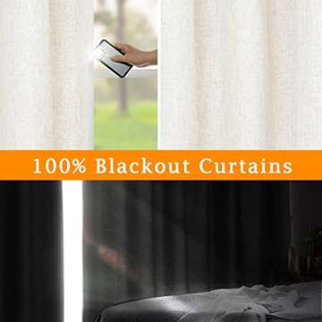 LAMIT Linen Full Blackout Window Curtains for Bedroom, 54 Inches Thermal Farmhouse Curtains Back Tab and Rod Pocket Privacy Protected Burlap Panels with White Liner, 2 Panels, 52 x 54 Inch, Ivory