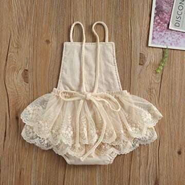 Hnyenmcko Newborn Infant Baby Girl Clothes Lace Romper Dress Ruffle Sleeveless Backless Jumpsuit Tassel Bodysuit Summer Outfit (Beige, 12-18 Months)