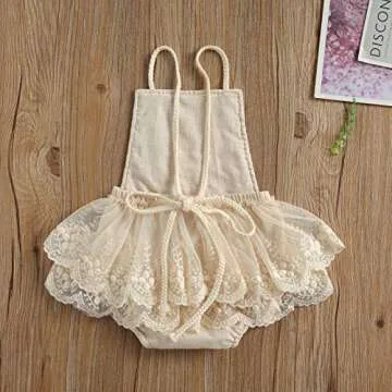 Hnyenmcko Newborn Infant Baby Girl Clothes Lace Romper Dress Ruffle Sleeveless Backless Jumpsuit Tassel Bodysuit Summer Outfit (Beige, 12-18 Months)