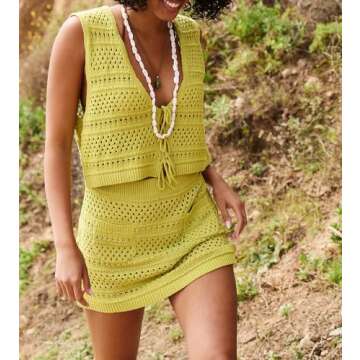 Yuemengxuan Crochet Skirt Sets Women 2 Piece Outfits Y2k Knit Tie Front Vest Top High Waist Bodycon Skirt Bikini Cover Up Beachwear, Yellow, Large
