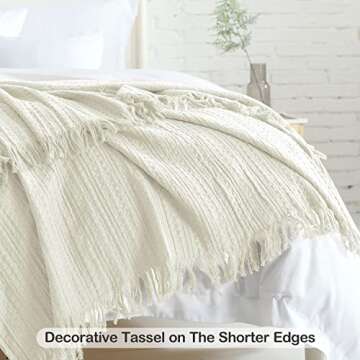 Cozy 100% Cotton Waffle Woven Throw Blanket - Rustic Cream White Decor