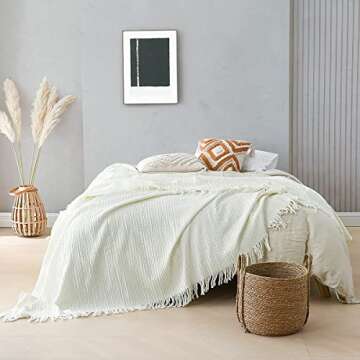 Cozy 100% Cotton Waffle Woven Throw Blanket - Rustic Cream White Decor