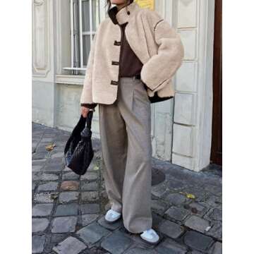 Tankaneo Womens Faux Fur Jackets Warm Winter Casual Button Down Stand Collar Long Sleeve Shaggy Outwear Coats