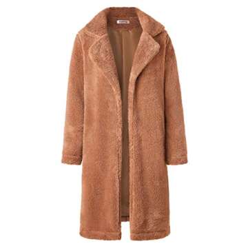 Angashion Women's Fuzzy Fleece Lapel Open Front Long Cardigan Coat Faux Fur Warm Winter Outwear Jackets Caramel M
