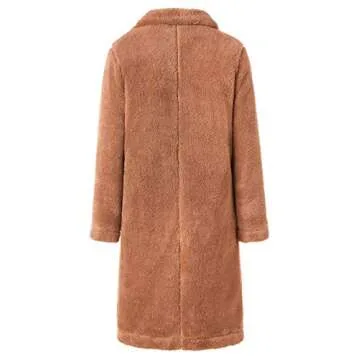Angashion Women's Fuzzy Fleece Lapel Open Front Long Cardigan Coat Faux Fur Warm Winter Outwear Jackets Caramel M