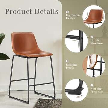 DUMOS 26 Inch Counter Height Bar Stools Set of 4, Modern Faux Leather High Barstools with Back and Metal Leg, Bar Chairs for Kitchen lsland, Brown