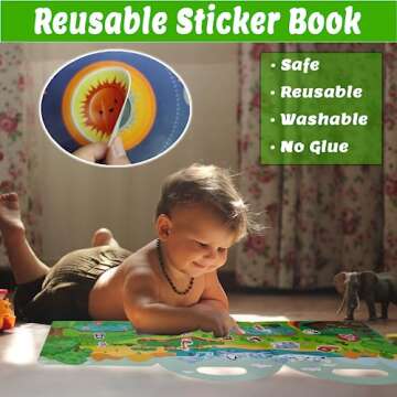 Reusable Sticker Book for Kids, Busy Book for Toddlers 1-3, Toddler Travel Toys, Preschool Learning Activities for Toddlers Ages 3-6, Jelly Quiet Book 6 Themes Include Animal Dinosaur Stickers(6 in 1)