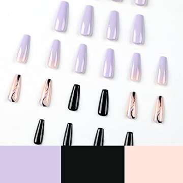 Press on Nails Long Coffin French Tip Fake Nails Purple and Black Full Cover False Nails with Designs Swir Gradient Acrylic Nails Artificial Nails for Women Girls 24 Pcs