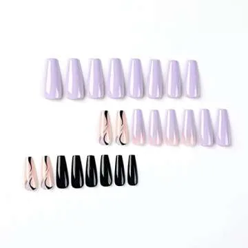 Press on Nails Long Coffin French Tip Fake Nails Purple and Black Full Cover False Nails with Designs Swir Gradient Acrylic Nails Artificial Nails for Women Girls 24 Pcs
