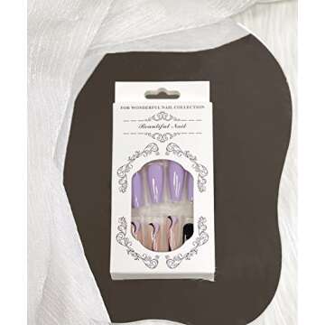 Press on Nails Long Coffin French Tip Fake Nails Purple and Black Full Cover False Nails with Designs Swir Gradient Acrylic Nails Artificial Nails for Women Girls 24 Pcs