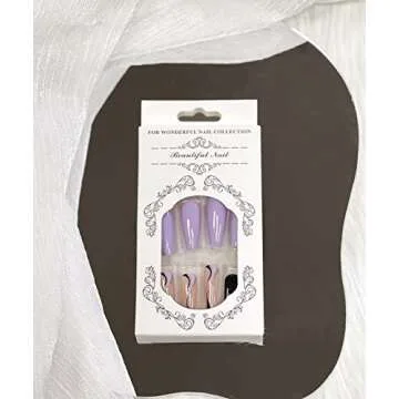Press on Nails Long Coffin French Tip Fake Nails Purple and Black Full Cover False Nails with Designs Swir Gradient Acrylic Nails Artificial Nails for Women Girls 24 Pcs