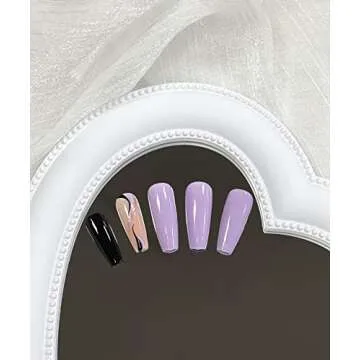 Press on Nails Long Coffin French Tip Fake Nails Purple and Black Full Cover False Nails with Designs Swir Gradient Acrylic Nails Artificial Nails for Women Girls 24 Pcs