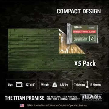 TITAN Survival Mylar Survival Blankets 5 Pack 52” x 82” - 90% Heat Retention & Waterproof Design - Emergency Blanket Cold Weather Protection & Survival Kits - Durable Space Blanket for Outdoor Use
