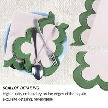 MIKI WELL Cloth Napkins Set of 4 Cotton,18"X18" Washable Napkins for Potluck Party Wedding Table Decoration (Beige with Green Trim)