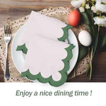 MIKI WELL Cloth Napkins Set of 4 Cotton,18"X18" Washable Napkins for Potluck Party Wedding Table Decoration (Beige with Green Trim)