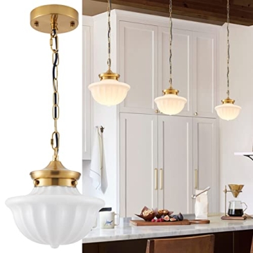 youngrender Schoolhouse Pendant Fixtures, 9" Brass Gold Milk Glass Pendant Light, Adjustable Mid Cen...