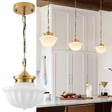 youngrender Schoolhouse Pendant Fixtures, 9" Brass Gold Milk Glass Pendant Light, Adjustable Mid Cen...