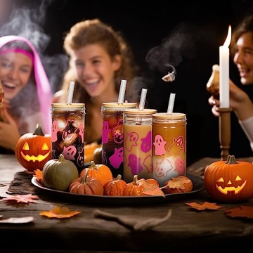 ANOTION Stylish Halloween Cups with Lids and Straws