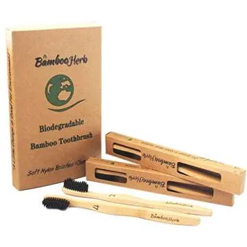 Natural Bamboo Charcoal Infused Toothbrush with BPA Free Nylon Bristles, Individually Numbered - Eco-Friendly- Sustainable & 100% Natural Organic Biodegradable - Pack Of 4