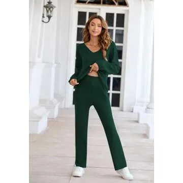 Fixmatti Women's 2 Piece Sweater Sets Knit Outfits Wide Leg Pants Sweatsuit Ribbed Loungewear Green XL
