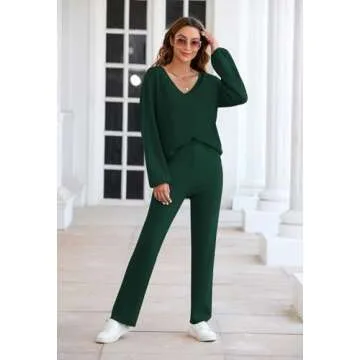 Fixmatti Women's 2 Piece Sweater Sets Knit Outfits Wide Leg Pants Sweatsuit Ribbed Loungewear Green XL