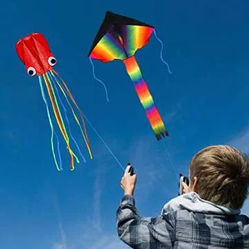2 Pack Kites - Large Rainbow Kite and Red Mollusc Octopus with Long Colorful Tail for Children Outdoor Game,Activities,Beach Trip Great Gift to Kids Childhood Precious Memories