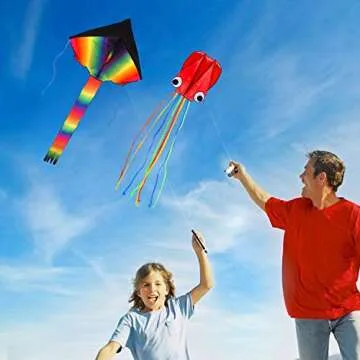 2 Pack Kites - Large Rainbow Kite and Red Mollusc Octopus with Long Colorful Tail for Children Outdoor Game,Activities,Beach Trip Great Gift to Kids Childhood Precious Memories
