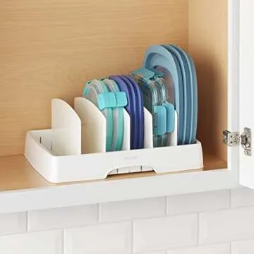 YouCopia StoraLid Food Container Lid Organizer, Tall Dividers, BPA-Free Adjustable Plastic Lid Storage for Kitchen Cabinet and Drawer Organization, White