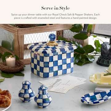 MACKENZIE-CHILDS Enamel Salt and Pepper Shakers, Kitchen Table Spice Shaker Set, Blue-and-White Roya...