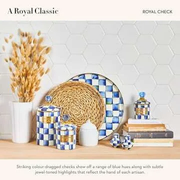 MACKENZIE-CHILDS Enamel Salt and Pepper Shakers, Kitchen Table Spice Shaker Set, Blue-and-White Royal Check, Small