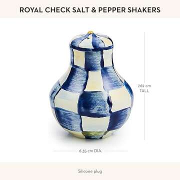 MACKENZIE-CHILDS Enamel Salt and Pepper Shakers, Kitchen Table Spice Shaker Set, Blue-and-White Royal Check, Small