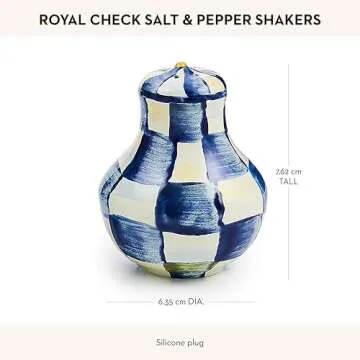 MACKENZIE-CHILDS Enamel Salt and Pepper Shakers, Kitchen Table Spice Shaker Set, Blue-and-White Royal Check, Small