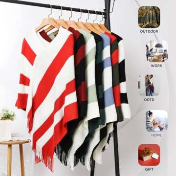 Ferand Women's Striped Poncho Sweater Cozy Knit Fringe Shawl Wraps for Fall Winter