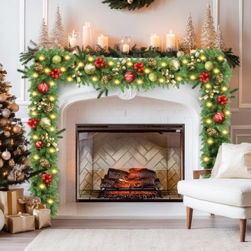 9FT Prelit Christmas Garland - Battery Operated with Lights, Pine Cones, Berries for Festive Decorat...