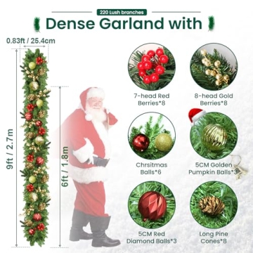 9FT Prelit Christmas Garland with Pine Cones and Berries