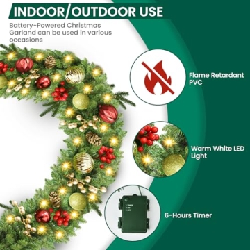 9FT Prelit Christmas Garland with Pine Cones and Berries