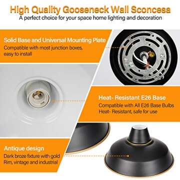 SHINE HAI Gooseneck Wall Sconces Lighting, Vintage Industrial Indoor Light Fixture, Wall Mount Lamp Fixtures for Farmhouse, Bedroom, Bathroom Vanity, Living Room, Kitchen, Porch (2-Pack)