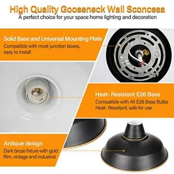 SHINE HAI Gooseneck Wall Sconces Lighting, Vintage Industrial Indoor Light Fixture, Wall Mount Lamp Fixtures for Farmhouse, Bedroom, Bathroom Vanity, Living Room, Kitchen, Porch (2-Pack)