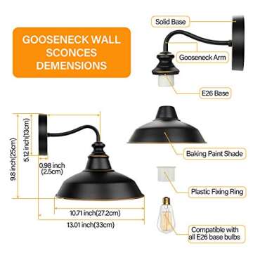 SHINE HAI Gooseneck Wall Sconces Lighting, Vintage Industrial Indoor Light Fixture, Wall Mount Lamp Fixtures for Farmhouse, Bedroom, Bathroom Vanity, Living Room, Kitchen, Porch (2-Pack)
