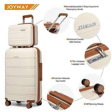 Joyway Luggage Carry On 20inch Lightweight Polypropylene Carrying Case with TSA Lock, Rigid Suitcases Sets with Swivel Wheels,14inch Cosmetic Bag and 7inch Toiletry White