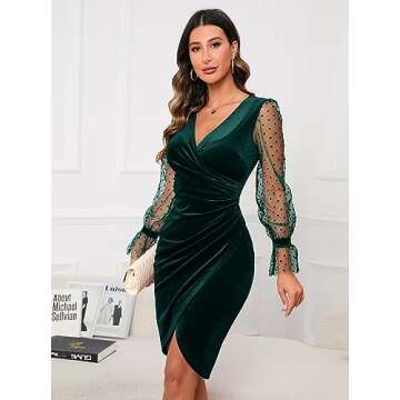 IHOT Cocktail Dresses for Women Wedding Guest Faux Wrap Velvet Sexy Deep V Neck Sheath Bodycon Ruche...