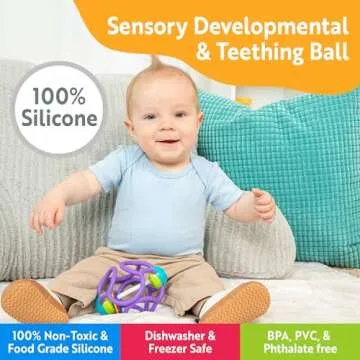 OgoBolli Teether Ring Tactile Sensory Ball and Baby Rattle Toy for Babies & Toddlers - Stretchy, Squ...