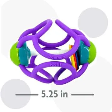 OgoBolli Teether Ring Tactile Sensory Ball and Baby Rattle Toy for Babies & Toddlers - Stretchy, Squishy, Soft, Non-Toxic Silicone - Boys and Girls Age 6+ Months - Purple