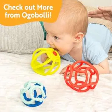 OgoBolli Teether Ring Tactile Sensory Ball and Baby Rattle Toy for Babies & Toddlers - Stretchy, Squishy, Soft, Non-Toxic Silicone - Boys and Girls Age 6+ Months - Purple